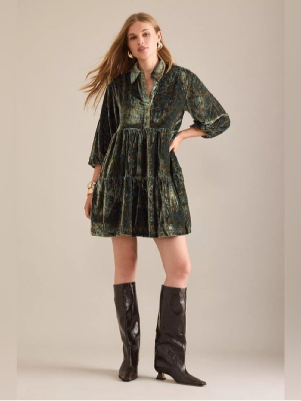 NWT Size S -The Bettina Tiered Shirt Dress Mini Velvet w Pockets (NWT US$ 168)